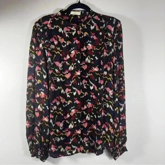 A.L.C. 100% Silk Dark Floral Long Sleeve Blood Top Women Size US 14 - Picture 1 of 14